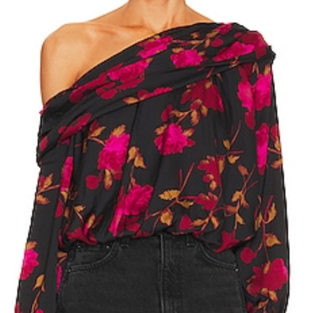 Free People Black and Red Floral Off-Shoulder Blouse.